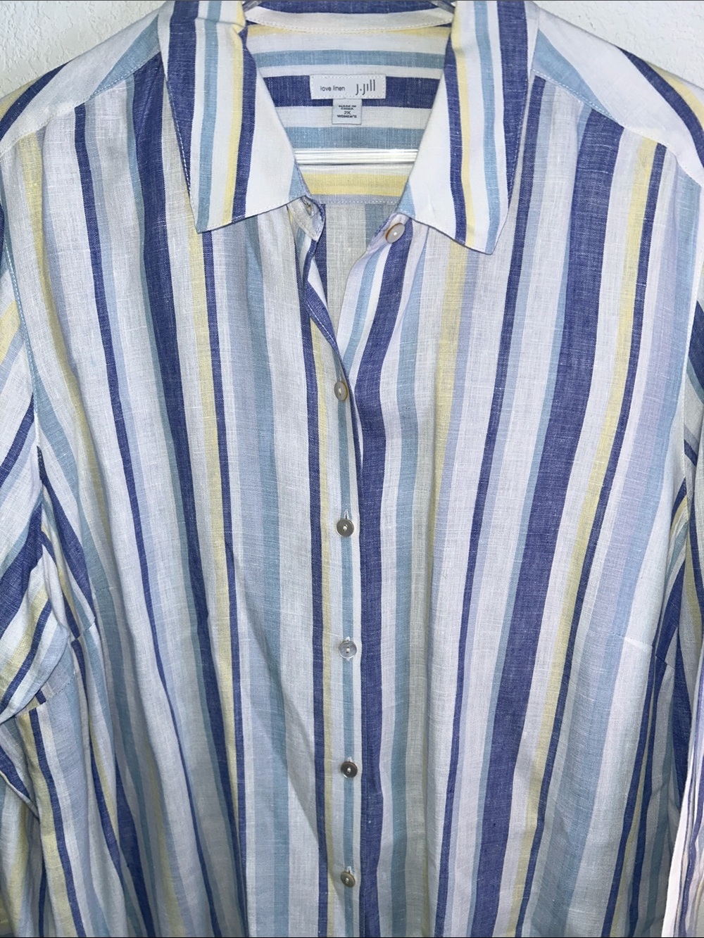 J. Jill Linen Striped White Blue Yellow Long-Sleeve Button-Down Shirt 2X in EUC